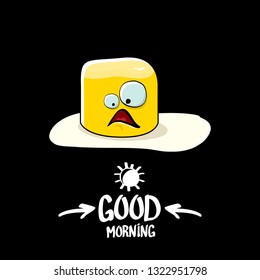 vector funny cartoon cute fried egg character with calligraphic text good morning isolated on black background. good morning vector print concept illustration