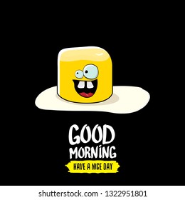 vector funny cartoon cute fried egg character with calligraphic text good morning isolated on black background. good morning vector print concept illustration
