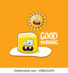 vector funny cartoon cute fried egg character with sun and calligraphic text good morning isolated on orange background. good morning vector print concept illustration