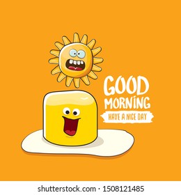 vector funny cartoon cute fried egg character with sun and calligraphic text good morning isolated on orange background. good morning vector print concept illustration
