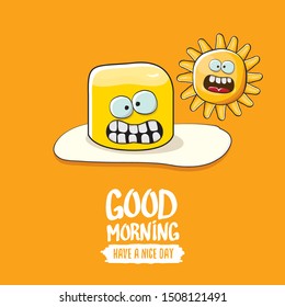 vector funny cartoon cute fried egg character with sun and calligraphic text good morning isolated on orange background. good morning vector print concept illustration