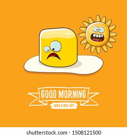 vector funny cartoon cute fried egg character with sun and calligraphic text good morning isolated on orange background. good morning vector print concept illustration