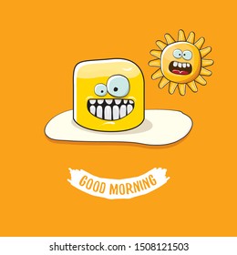 vector funny cartoon cute fried egg character with sun and calligraphic text good morning isolated on orange background. good morning vector print concept illustration