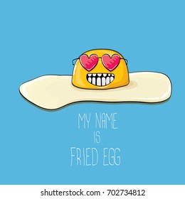 vector funny cartoon cute fried egg character isolated on blue background. My name is fried egg concept illustration. good morning vector illustration