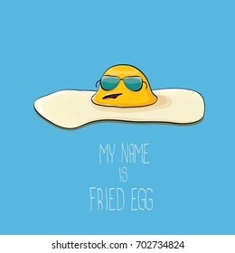vector funny cartoon cute fried egg character isolated on blue background. My name is fried egg concept illustration. good morning vector illustration