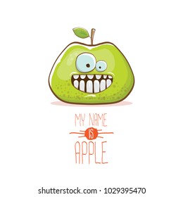 vector funny cartoon cute green apple character isolated on white background. My name is apple vector concept. super funky fruit summer food character