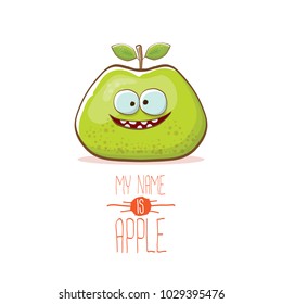 vector funny cartoon cute green apple character isolated on white background. My name is apple vector concept. super funky fruit summer food character