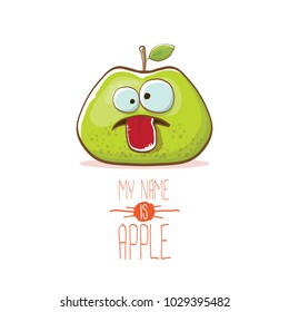 vector funny cartoon cute green apple character isolated on white background. My name is apple vector concept. super funky fruit summer food character