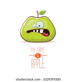 vector funny cartoon cute green apple character isolated on white background. My name is apple vector concept. super funky fruit summer food character