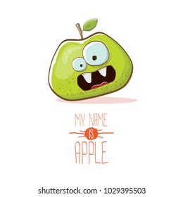 vector funny cartoon cute green apple character isolated on white background. My name is apple vector concept. super funky fruit summer food character