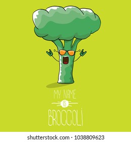 vector funny cartoon cute green smiling broccoli character isolated on green background. My name is broccoli vector concept. vegetable funky character. vegan food