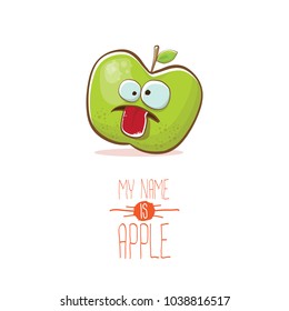 vector funny cartoon cute green apple character isolated on white background. My name is apple vector concept. super funky fruit summer food character