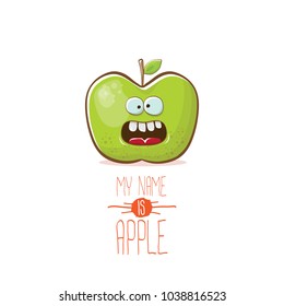 vector funny cartoon cute green apple character isolated on white background. My name is apple vector concept. super funky fruit summer food character
