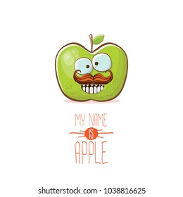 vector funny cartoon cute green apple character isolated on white background. My name is apple vector concept. super funky fruit summer food character