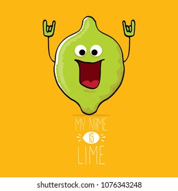 vector funny cartoon cute green lime character isolated on orange background. My name is lime concept illustration. vector funky summer food character