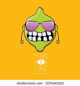 vector funny cartoon cute green lime character isolated on orange background. My name is lime concept illustration. vector funky summer food character