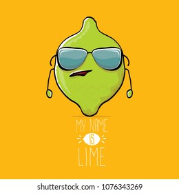 vector funny cartoon cute green lime character isolated on orange background. My name is lime concept illustration. vector funky summer food character