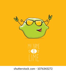 vector funny cartoon cute green lime character isolated on orange background. My name is lime concept illustration. vector funky summer food character