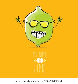 vector funny cartoon cute green lime character isolated on orange background. My name is lime concept illustration. vector funky summer food character