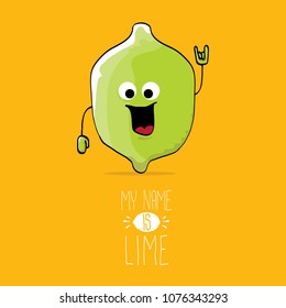 vector funny cartoon cute green lime character isolated on orange background. My name is lime concept illustration. vector funky summer food character