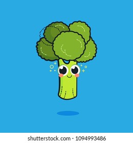 vector funny cartoon cute green smiling broccoli character isolated on blue background. healthy food vector concept. vegetable funky character. vegan food