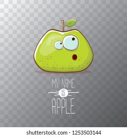 vector funny cartoon cute green apple character isolated on transparent background. My name is apple vector concept. super funky fruit summer food character