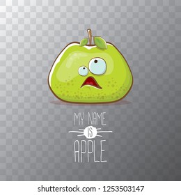 vector funny cartoon cute green apple character isolated on transparent background. My name is apple vector concept. super funky fruit summer food character