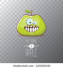 vector funny cartoon cute green apple character isolated on transparent background. My name is apple vector concept. super funky fruit summer food character