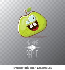 vector funny cartoon cute green apple character isolated on transparent background. My name is apple vector concept. super funky fruit summer food character