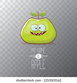 vector funny cartoon cute green apple character isolated on transparent background. My name is apple vector concept. super funky fruit summer food character