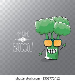 vector funny cartoon cute green smiling broccoli character isolated on transparent background. My name is broccoli vector concept. vegetable funky character. vegan food