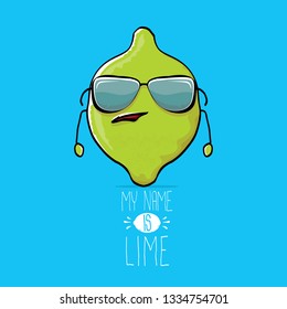 vector funny cartoon cute green lime character isolated on blue background. My name is lime concept illustration. vector funky summer food character