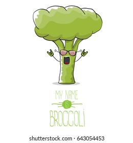 vector funny cartoon cute green broccoli character isolated on white background. My name is broccoli vector concept. vegetable funky character 