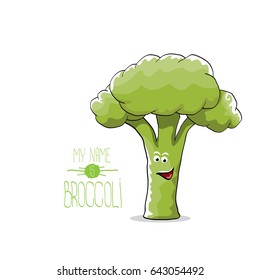vector funny cartoon cute green broccoli character isolated on white background. My name is broccoli vector concept. vegetable funky character 