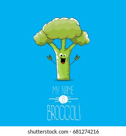vector funny cartoon cute green broccoli character isolated on blue background. My name is broccoli vector concept. vegetable funky character