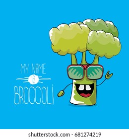 vector funny cartoon cute green broccoli character isolated on blue background. My name is broccoli vector concept. vegetable funky character