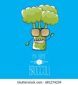 vector funny cartoon cute green broccoli character isolated on blue background. My name is broccoli vector concept. vegetable funky character