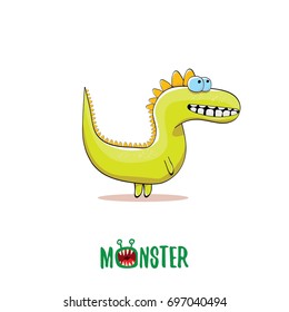 vector funny cartoon cute green kids monster dinosaur label isolated on white background. Vector funny green mascot dragon . Dino logo design template