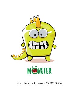 vector funny cartoon cute green kids monster dinosaur label isolated on white background. Vector funny green mascot dragon . Dino logo design template