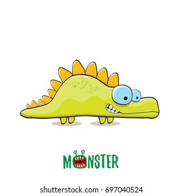 vector funny cartoon cute green kids monster dinosaur label isolated on white background. Vector funny green mascot dragon . Dino logo design template