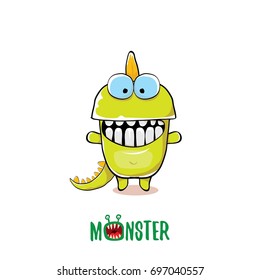 vector funny cartoon cute green kids monster dinosaur label isolated on white background. Vector funny green mascot dragon . Dino logo design template