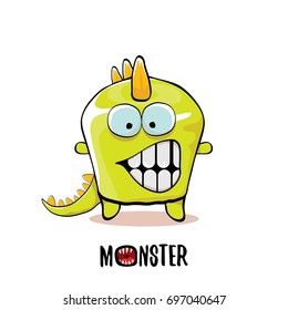 vector funny cartoon cute green kids monster dinosaur label isolated on white background. Vector funny green mascot dragon . Dino logo design template