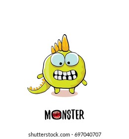 vector funny cartoon cute green kids monster dinosaur label isolated on white background. Vector funny green mascot dragon . Dino logo design template