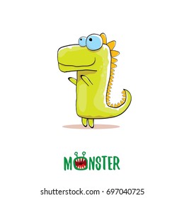 vector funny cartoon cute green kids monster dinosaur label isolated on white background. Vector funny green mascot dragon . Dino logo design template