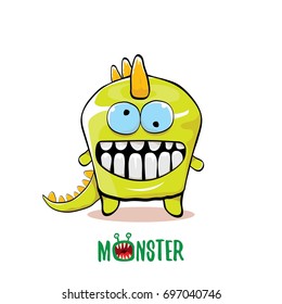 vector funny cartoon cute green kids monster dinosaur label isolated on white background. Vector funny green mascot dragon . Dino logo design template