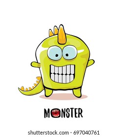 vector funny cartoon cute green kids monster dinosaur label isolated on white background. Vector funny green mascot dragon . Dino logo design template