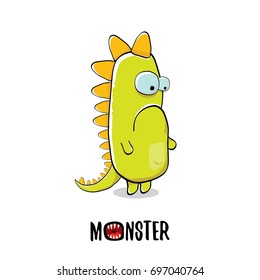 vector funny cartoon cute green kids monster dinosaur label isolated on white background. Vector funny green mascot dragon . Dino logo design template