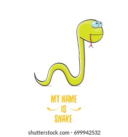 vector funny cartoon cute green kids monster snake label isolated on white background. Vector funny green mascot reptile . Viper logo design template