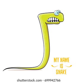 vector funny cartoon cute green kids monster snake label isolated on white background. Vector funny green mascot reptile . Viper logo design template