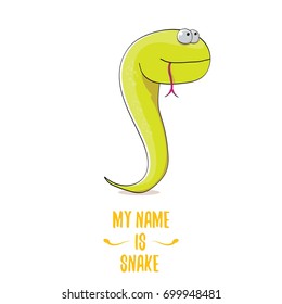 vector funny cartoon cute green kids monster snake label isolated on white background. Vector funny green mascot reptile . Viper logo design template